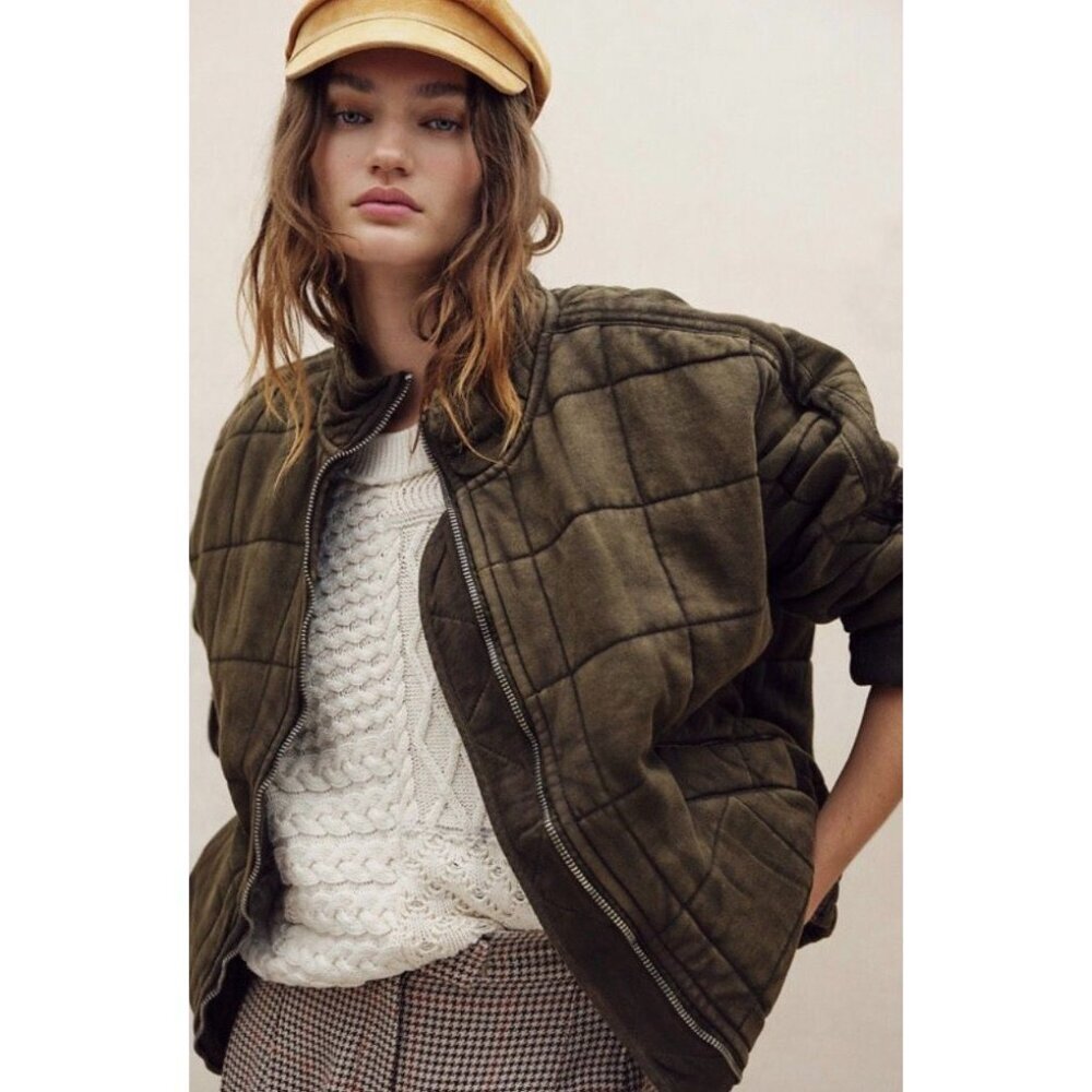 NEW Free People Dolman Quilted Knit Jacket Dusted Military Green Size L $198 [jb